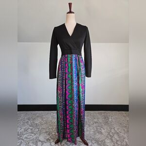 Vintage 70s Black Maxi Dress with Barkcloth Skirt